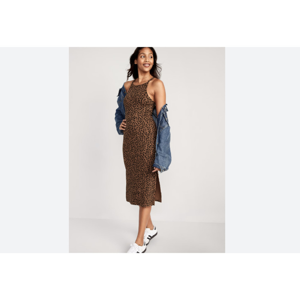 Fitted Leopard-Print Sleeveless Rib-Knit Midi Dress